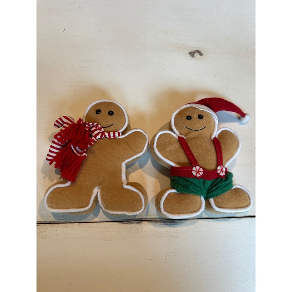 Vintage Christmas Gingerbread Man Plush Set Red Green Holiday Decor 2pc